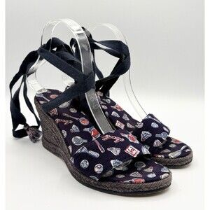 Chanel Badminton/Tennis Theme Navy Blue Espadrille Wedge Sandals Vintage EU 35